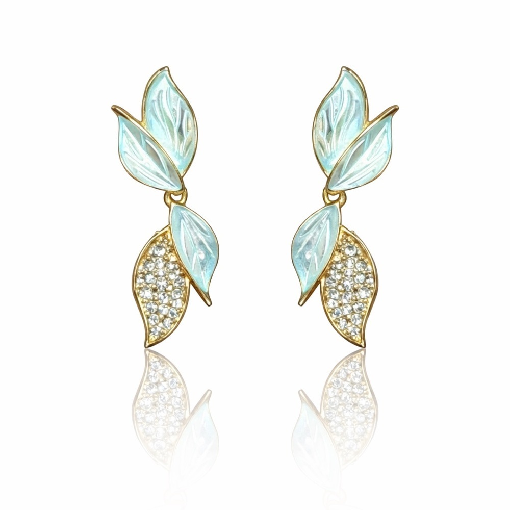 Gold Aqua Leaf Drop Earrings with Crystals